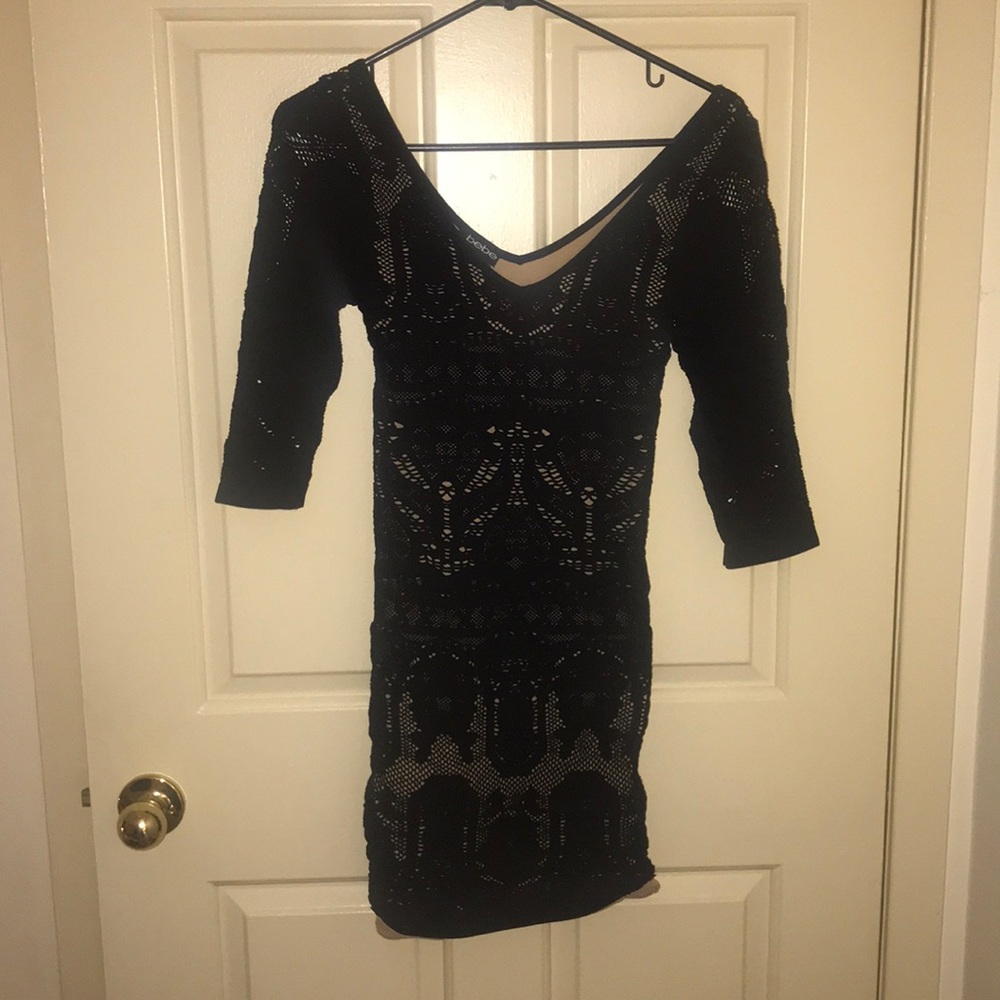 Bebe black and cream long sleeve bodycon dress